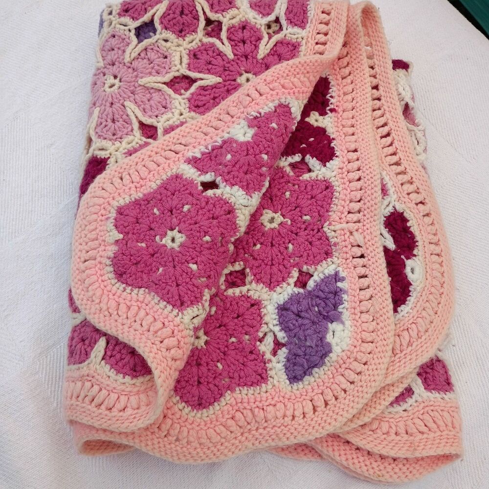 African Flower Throw Blanket Intricate Crocheted Edge Pink White Purple Pastel